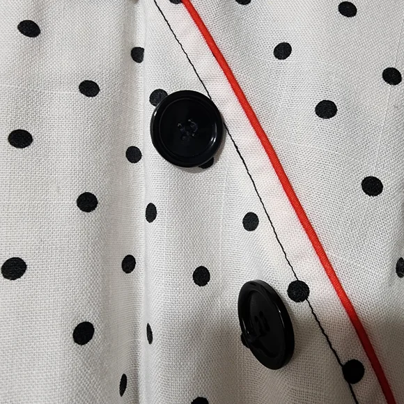 Vintage White Pin Up Polka Dot Belted Dress With Buttons Red Trim - Picture 5 of 10